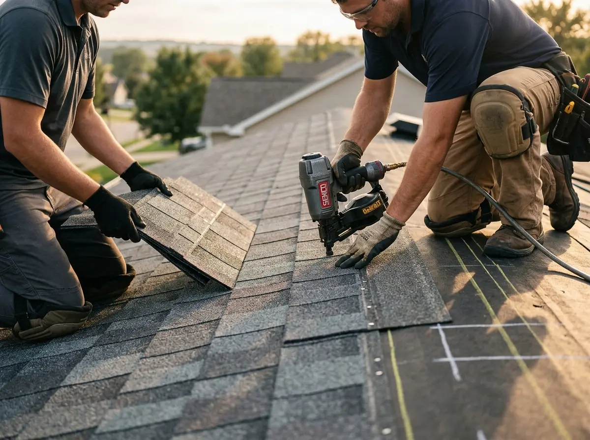 Professional roofer working on a residential roof in Eaton